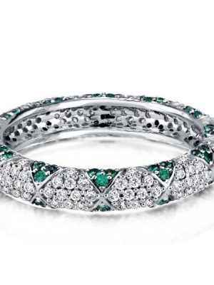 Elegant Green Sapphire Wedding Band in Rhodium Plated Sterling Silver
