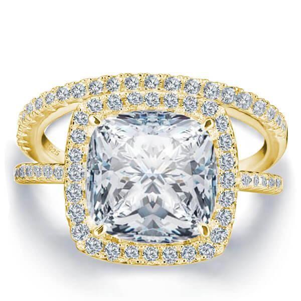 Yellow Gold Halo Cushion Cut White Sapphire Bridal Set (5.86 CT. TW.)