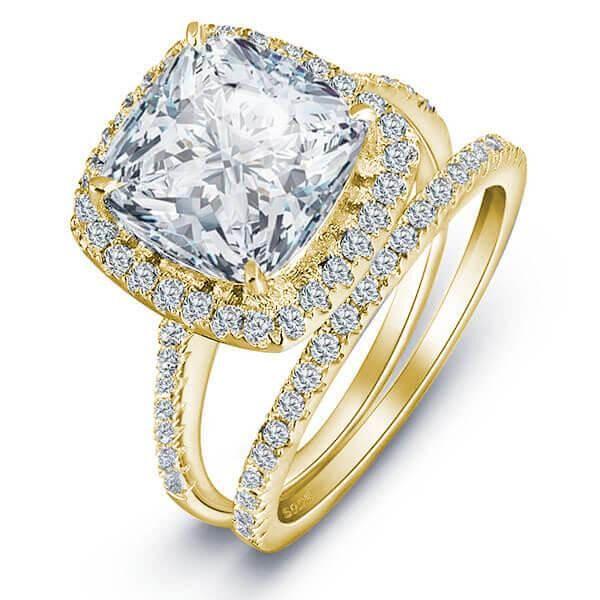 Yellow Gold Halo Cushion Cut White Sapphire Bridal Set (5.86 CT. TW.)