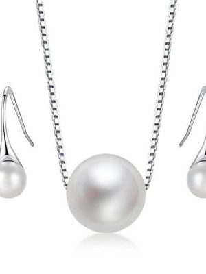 White Pearl Jewelry Set - 925 Sterling Silver Necklace & Earrings