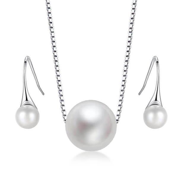 White Pearl Jewelry Set - 925 Sterling Silver Necklace & Earrings