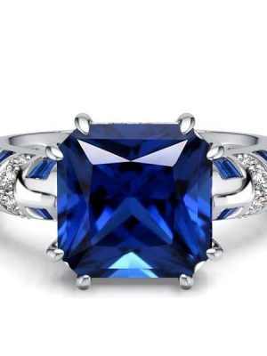 Princess Cut Blue Sapphire Engagement Ring in Rhodium-Plated Sterling Silver
