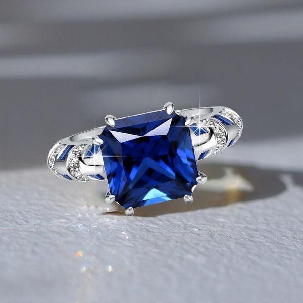 Princess Cut Blue Sapphire Engagement Ring in Rhodium-Plated Sterling Silver