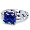 Princess Cut Blue Sapphire Engagement Ring in Rhodium-Plated Sterling Silver