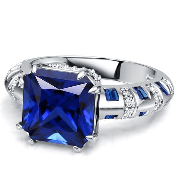 Princess Cut Blue Sapphire Engagement Ring in Rhodium-Plated Sterling Silver