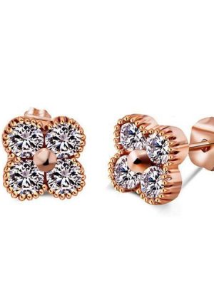 Rose Gold Clover Stud Earrings with Created White Sapphires