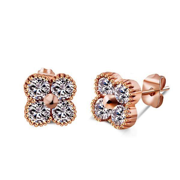 Rose Gold Clover Stud Earrings with Created White Sapphires