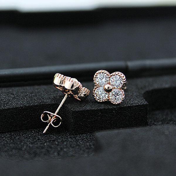 Rose Gold Clover Stud Earrings with Created White Sapphires