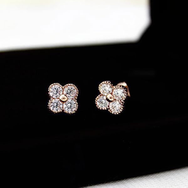 Rose Gold Clover Stud Earrings with Created White Sapphires