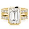 Emerald Cut 3-Piece Wedding Ring Set with Golden Bezel Setting