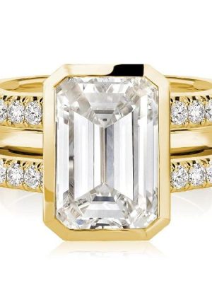 Emerald Cut 3-Piece Wedding Ring Set with Golden Bezel Setting