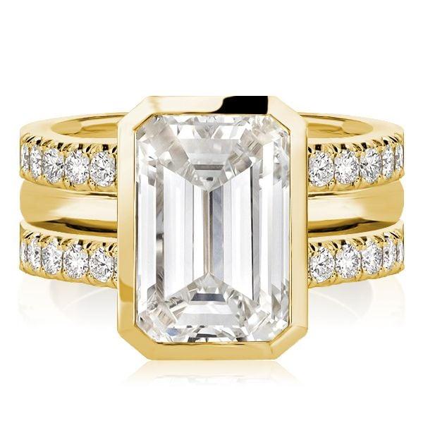 Emerald Cut 3-Piece Wedding Ring Set with Golden Bezel Setting