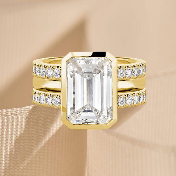 Emerald Cut 3-Piece Wedding Ring Set with Golden Bezel Setting