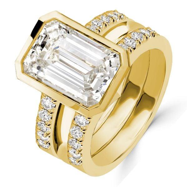 Emerald Cut 3-Piece Wedding Ring Set with Golden Bezel Setting