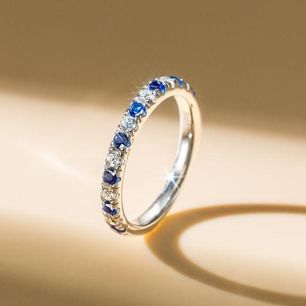 Sterling Silver Round Cut Wedding Band 1.50 CT. TW. Blue and White Stones