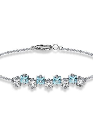 Sterling Silver Princess Cut Aquamarine & White CZ Chain Bracelet - 6, 7, 8, 9 inch