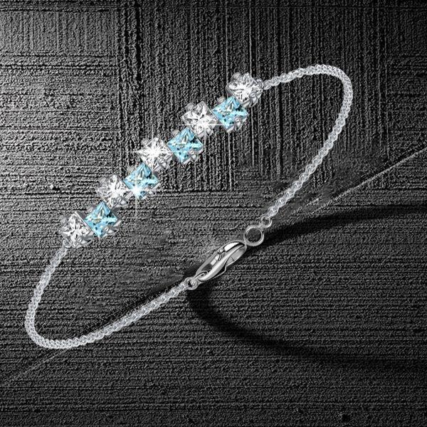 Sterling Silver Princess Cut Aquamarine & White CZ Chain Bracelet - 6, 7, 8, 9 inch