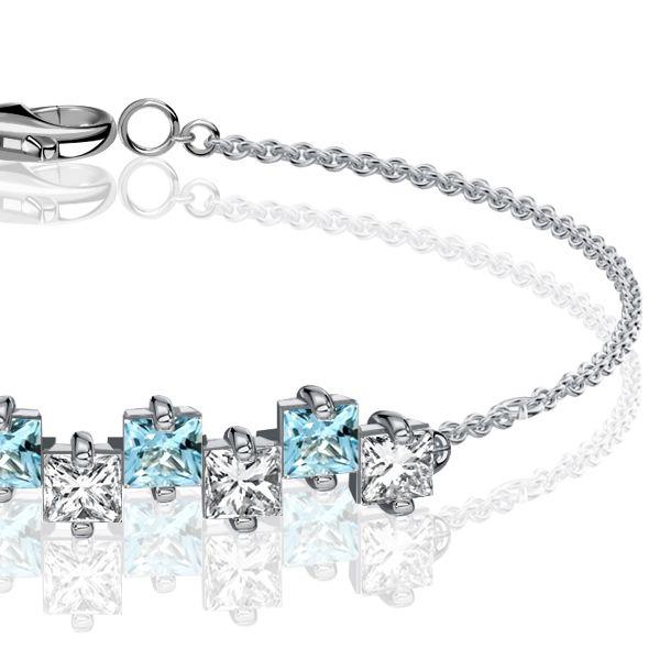 Sterling Silver Princess Cut Aquamarine & White CZ Chain Bracelet - 6, 7, 8, 9 inch