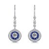 Blue Sapphire Halo Drop Earrings - Sterling Silver Vintage Style