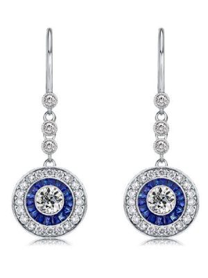 Blue Sapphire Halo Drop Earrings - Sterling Silver Vintage Style