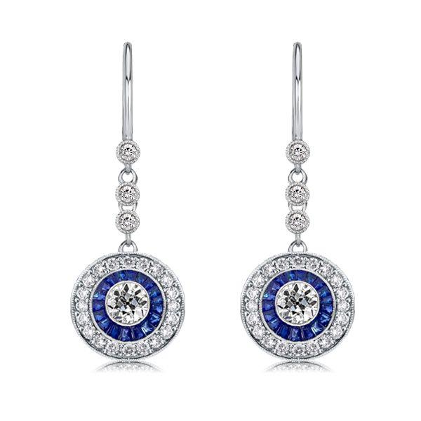 Blue Sapphire Halo Drop Earrings - Sterling Silver Vintage Style