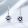 Blue Sapphire Halo Drop Earrings - Sterling Silver Vintage Style