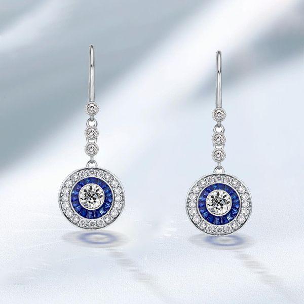 Blue Sapphire Halo Drop Earrings - Sterling Silver Vintage Style