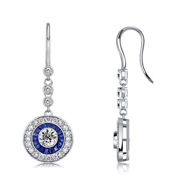 Blue Sapphire Halo Drop Earrings - Sterling Silver Vintage Style