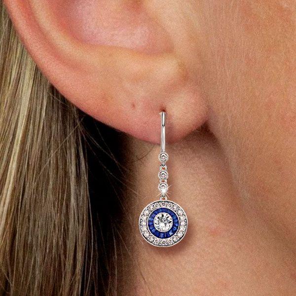 Blue Sapphire Halo Drop Earrings - Sterling Silver Vintage Style