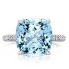 Aquamarine Engagement Ring, Cushion Cut with Hidden Halo, Sterling Silver