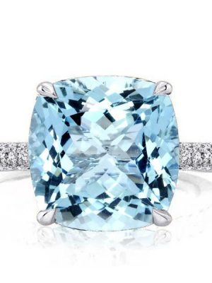 Aquamarine Engagement Ring, Cushion Cut with Hidden Halo, Sterling Silver