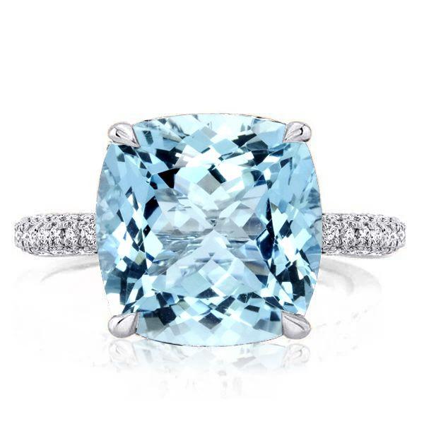 Aquamarine Engagement Ring, Cushion Cut with Hidden Halo, Sterling Silver
