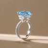 Aquamarine Engagement Ring, Cushion Cut with Hidden Halo, Sterling Silver
