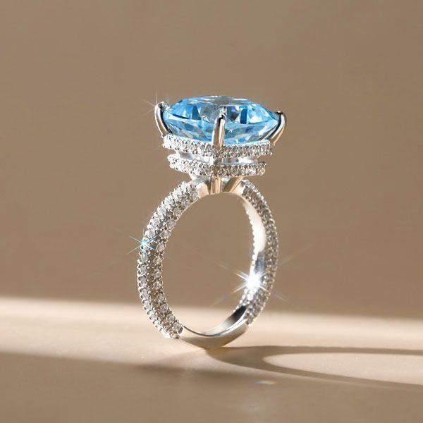 Aquamarine Engagement Ring, Cushion Cut with Hidden Halo, Sterling Silver