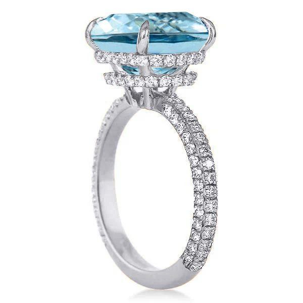 Aquamarine Engagement Ring, Cushion Cut with Hidden Halo, Sterling Silver