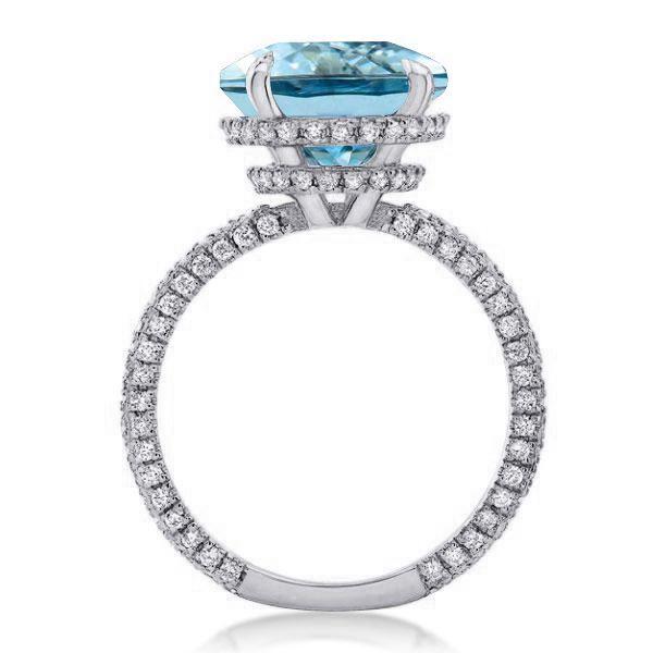 Aquamarine Engagement Ring, Cushion Cut with Hidden Halo, Sterling Silver
