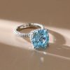 Aquamarine Engagement Ring, Cushion Cut with Hidden Halo, Sterling Silver