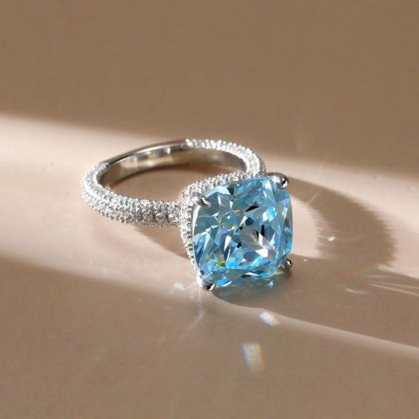 Aquamarine Engagement Ring, Cushion Cut with Hidden Halo, Sterling Silver