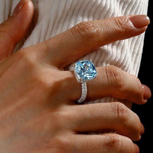 Aquamarine Engagement Ring, Cushion Cut with Hidden Halo, Sterling Silver