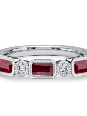 Ruby Half Eternity Band Ring - Milgrain Bezel - Sterling Silver Wedding Band