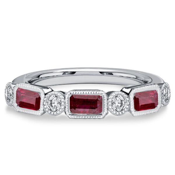 Ruby Half Eternity Band Ring - Milgrain Bezel - Sterling Silver Wedding Band