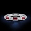 Ruby Half Eternity Band Ring - Milgrain Bezel - Sterling Silver Wedding Band
