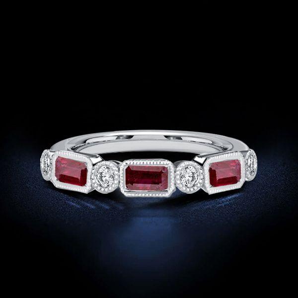 Ruby Half Eternity Band Ring - Milgrain Bezel - Sterling Silver Wedding Band