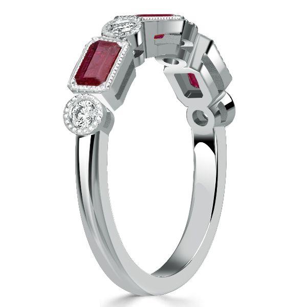 Ruby Half Eternity Band Ring - Milgrain Bezel - Sterling Silver Wedding Band