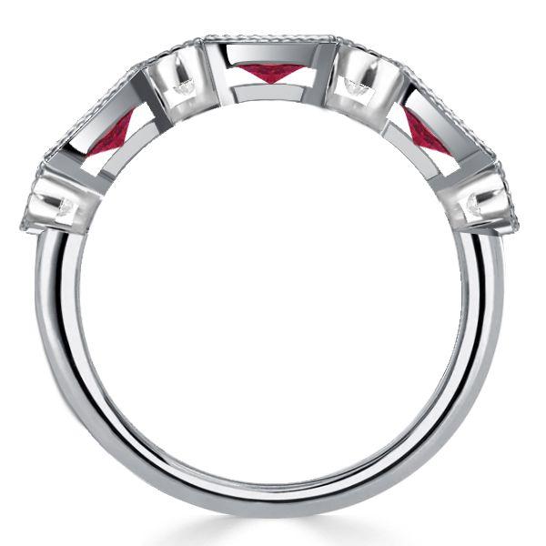 Ruby Half Eternity Band Ring - Milgrain Bezel - Sterling Silver Wedding Band