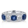 Alternating Blue & White Sapphire Halo Cushion Cut Wedding Band - Sterling Silver