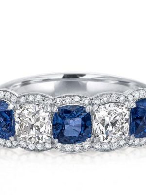 Alternating Blue & White Sapphire Halo Cushion Cut Wedding Band - Sterling Silver