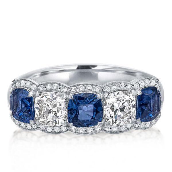 Alternating Blue & White Sapphire Halo Cushion Cut Wedding Band - Sterling Silver
