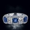 Alternating Blue & White Sapphire Halo Cushion Cut Wedding Band - Sterling Silver
