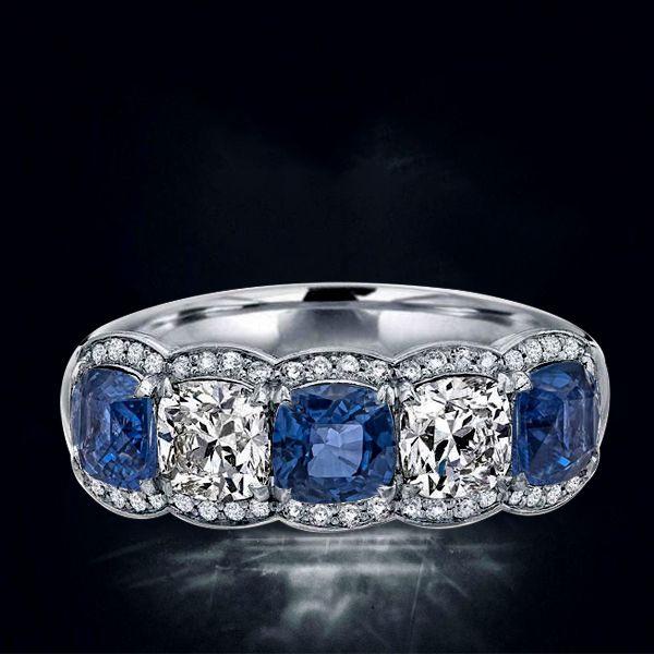 Alternating Blue & White Sapphire Halo Cushion Cut Wedding Band - Sterling Silver